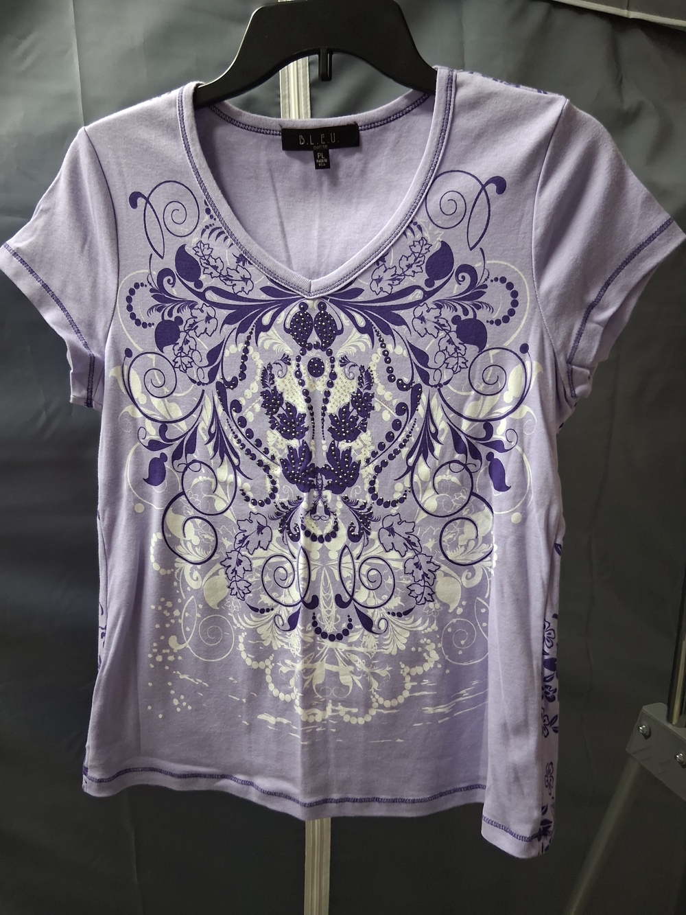 B.L.E.U. Lavender V-Neck Tee with Decorative Purple Scroll Print